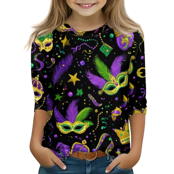 Girls Kids Mardi Gras 3/4 Sleeve Tee with Heart and Mask Sequin Graphic, Crew Neck Soft Casual Top for Fat Tuesday Carnival Matching Outfit