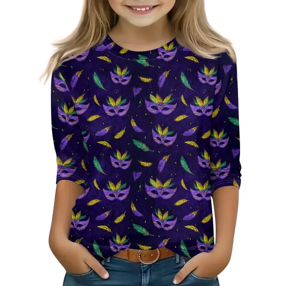Girls Kids Mardi Gras 3/4 Sleeve Tee with Heart and Mask Sequin Graphic, Crew Neck Soft Casual Top for Fat Tuesday Carnival Matching Outfit