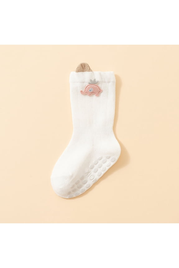 Girls' Kids Non-Slip Whale Socks - Soft Cotton Gripper Crew Socks for Kidss 0-12 Months with Silicone Sole, Pink Applique, White,Size M