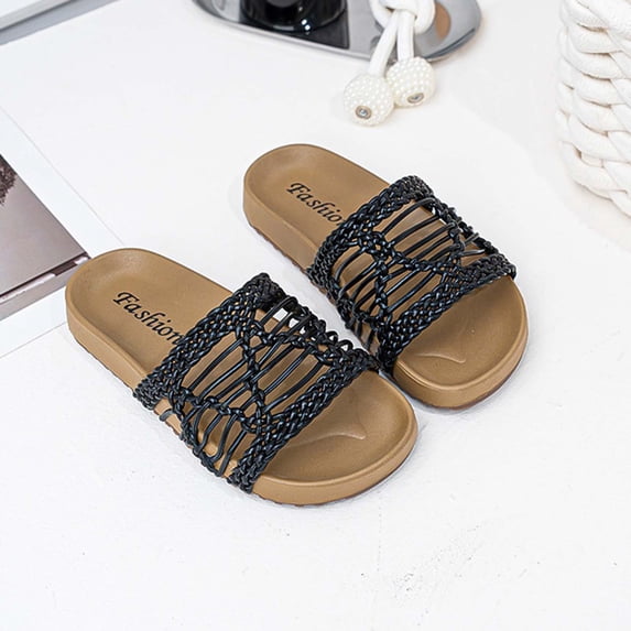 Girls Kids Non Slip Woven Slide Sandals Lightweight Breathable PU Sole Summer Beach Shoes Black,Size 11 T