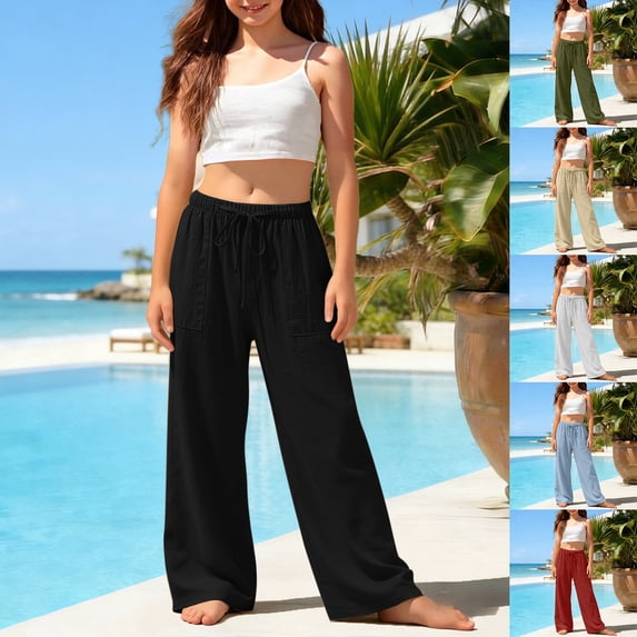 Girls Kids Pants Straight Leg Trousers Casual For All Season Teen Toddler Loose High Waisted Drawstring Pockets Daily Wear