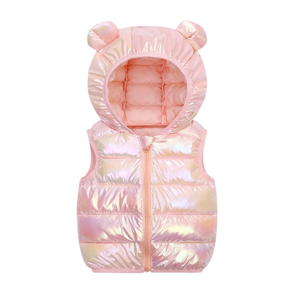 Girls Kids Puffer Vest with Hood Cotton Iridescent Holographic Pink 3T,Size 4 T