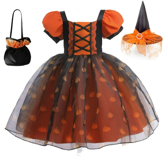 Girls Kids Pumpkin Witch Dress Halloween Cosplay Party Costume With Bag