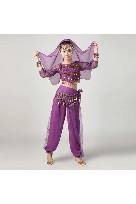 Girls Kids Purple Belly Dance Costume Set - 5-Piece Outfit with Top Pants Accessories, 100% Polyester for 5-15 Years Dance Recital,Size 9-11 T