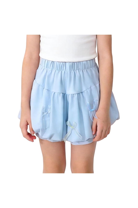 Girls Kids Ruffle Bubble Shorts with Bow Applique Elastic High Waist Lightweight Summer Bottoms Pastel Light Blue,Size 2-3T
