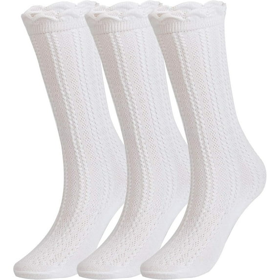 Girls Kids Ruffle Socks Uniform School Dress Crew Cotton Textured Breathable Socks 3 Pairs