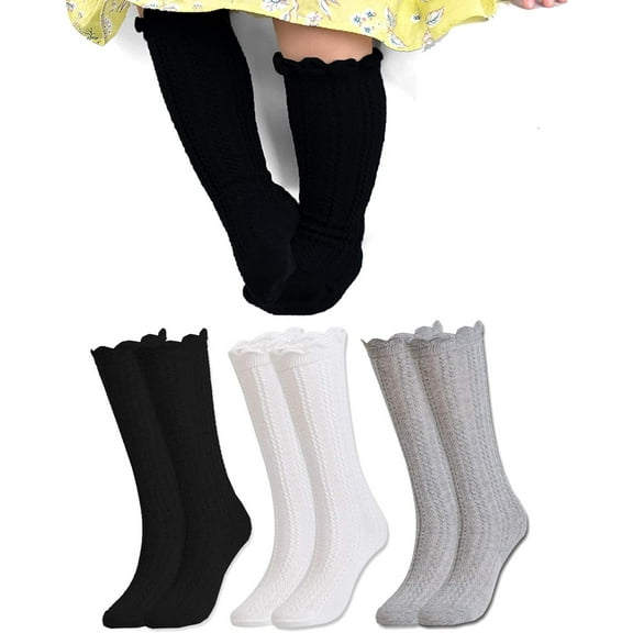 Girls Kids Ruffle Socks Uniform School Dress Crew Cotton Textured Breathable Socks 3 Pairs