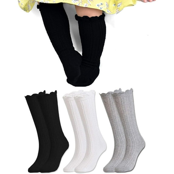 Girls Kids Ruffle Socks Uniform School Dress Crew Cotton Textured Breathable Socks 3 Pairs