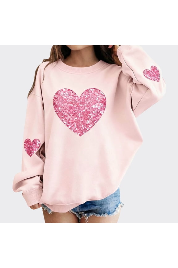 Girls Kids Sequin Heart Glitter Sweatshirt - Soft Stretch Oversized Long Sleeve Top, Pink Casual Daily Loungewear for Kids Teen Girls,Size 3-4T