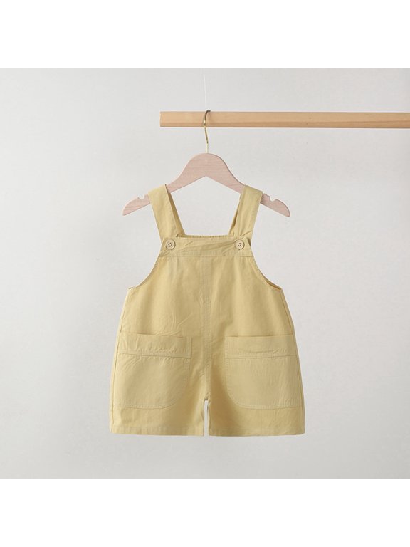 Girls Kids Short Overalls, Cotton Yellow, Adjustable Suspenders Shorts for 12M-4T,Size 0-1T