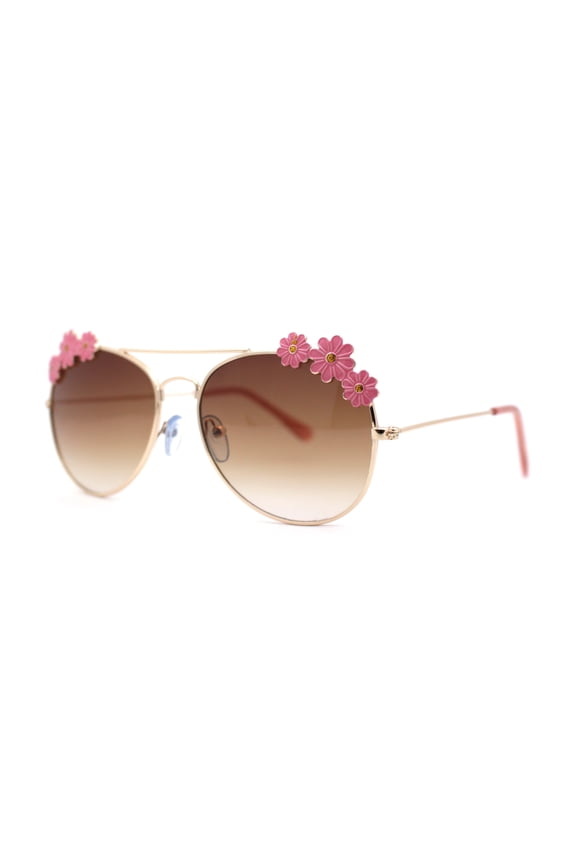 Girls Kids Size Daisy Jewel Tear Drop Officer Style Metal Rim Sunglasses Gold Pink / Brown
