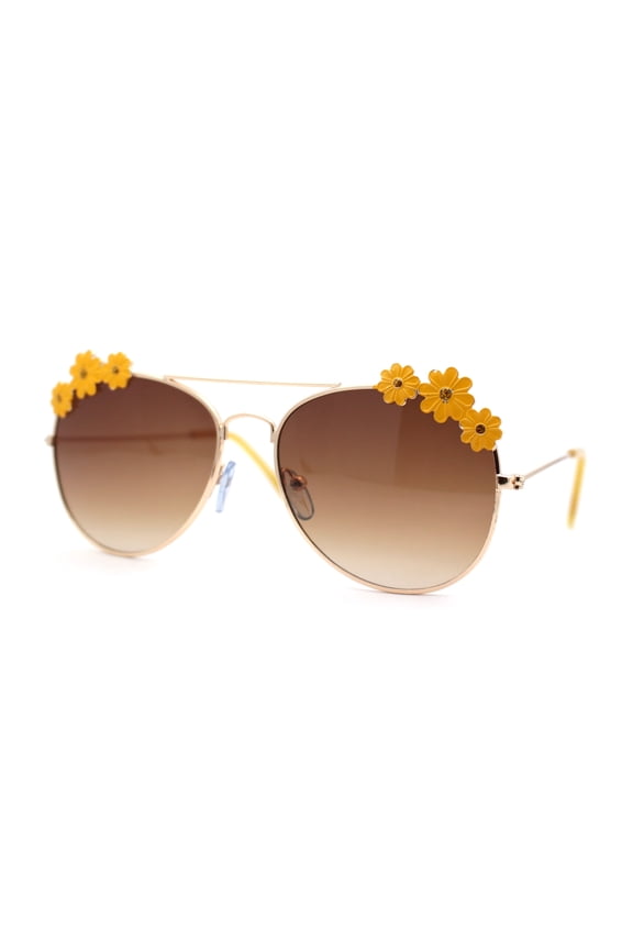 Girls Kids Size Daisy Jewel Tear Drop Officer Style Metal Rim Sunglasses Gold Yellow / Brown