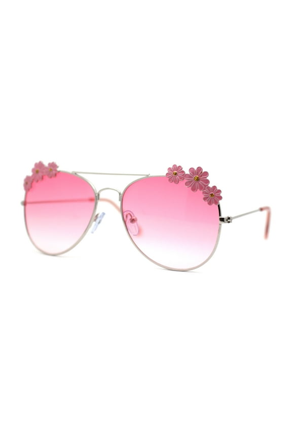 Girls Kids Size Daisy Jewel Tear Drop Officer Style Metal Rim Sunglasses Silver Pink / Pink