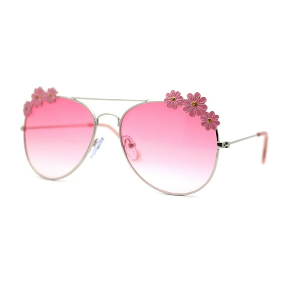 Girls Kids Size Daisy Jewel Tear Drop Officer Style Metal Rim Sunglasses Silver Pink / Pink