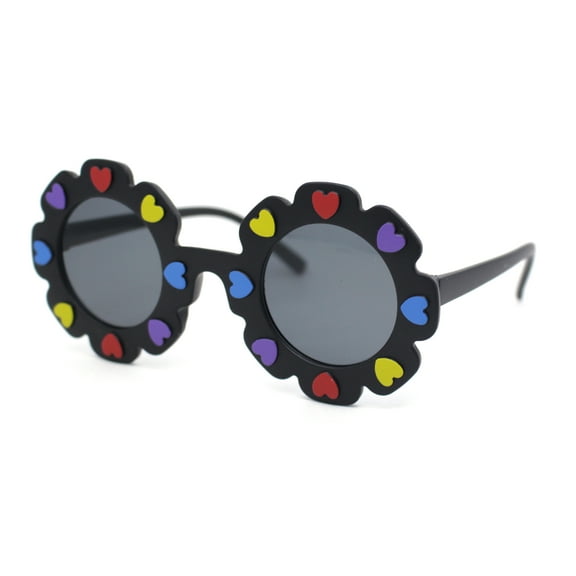 Girls Kids Size Heart Daisy Petal Round Circle Plastic Sunglasses Black