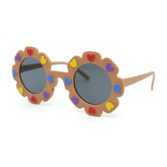 Girls Kids Size Heart Daisy Petal Round Circle Plastic Sunglasses Brown