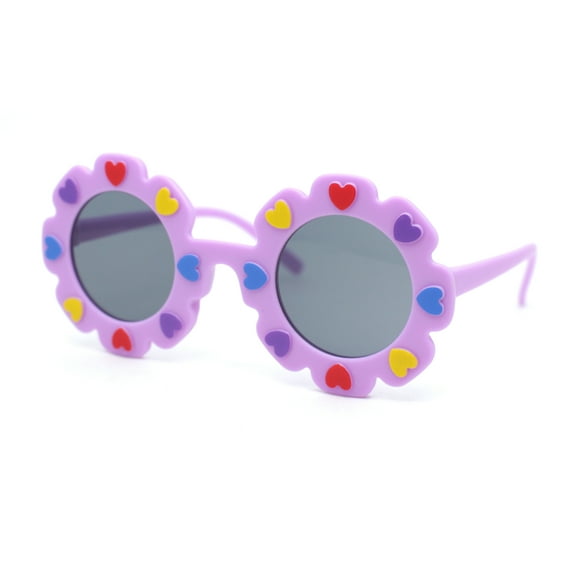 Girls Kids Size Heart Daisy Petal Round Circle Plastic Sunglasses Purple