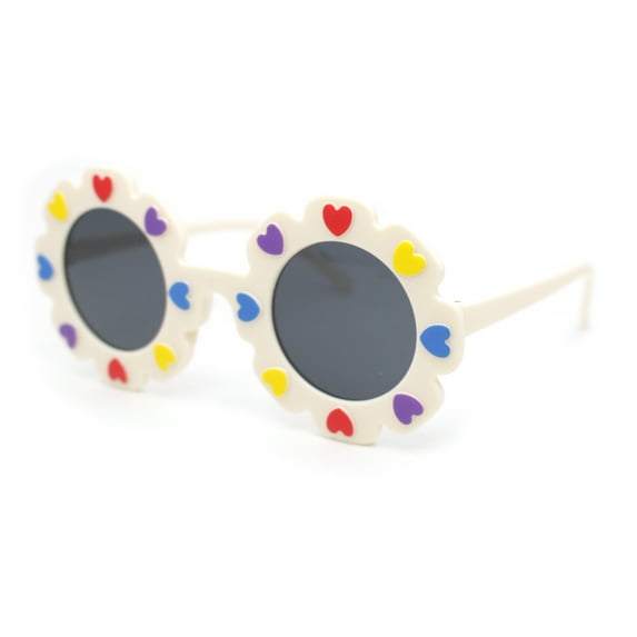 Girls Kids Size Heart Daisy Petal Round Circle Plastic Sunglasses White