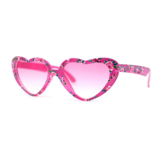 Girls Kids Size Heart Shape Fun Print Plastic Sunglasses Pink Flower