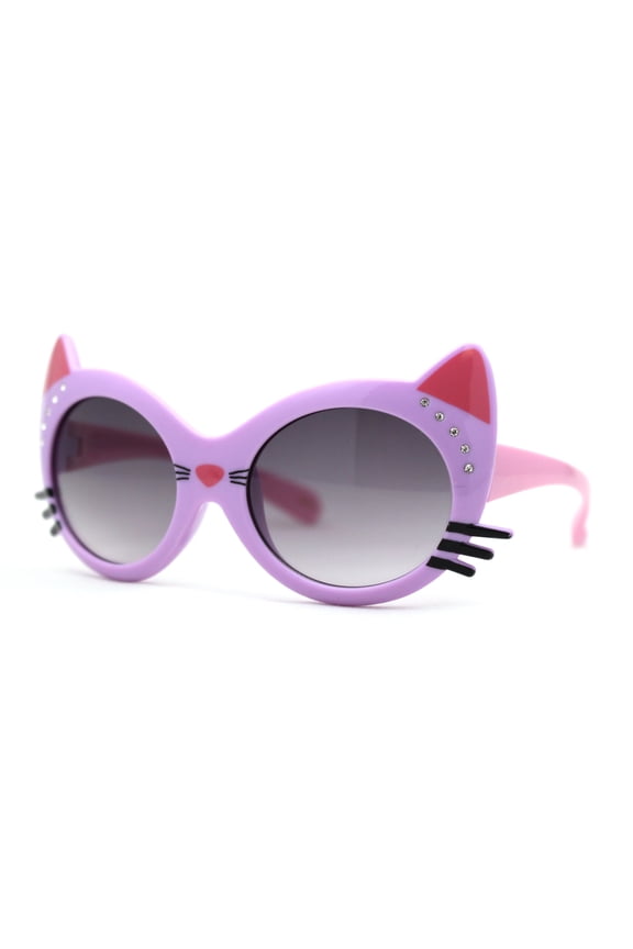 Girls Kids Size Kitty Cat Ear Whisker Round Plastic Sunglasses Lavender Smoke
