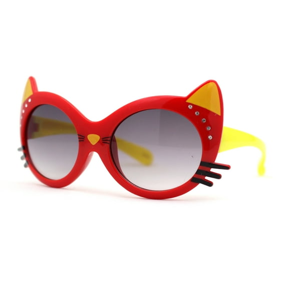 Girls Kids Size Kitty Cat Ear Whisker Round Plastic Sunglasses Red Yellow Smoke