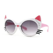 SA106 Girls Kids Size Kitty Cat Ear Whisker Round Plastic Sunglasses White Pink Smoke