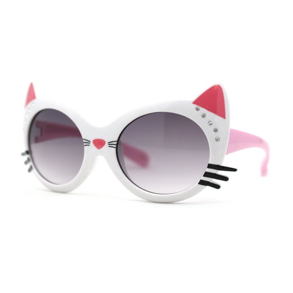 Girls Kids Size Kitty Cat Ear Whisker Round Plastic Sunglasses White Pink Smoke