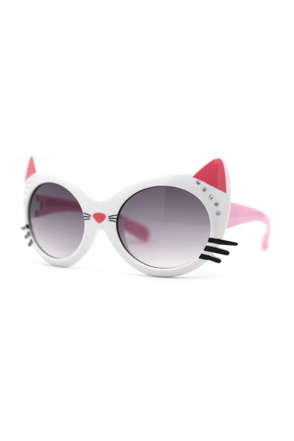 Girls Kids Size Kitty Cat Ear Whisker Round Plastic Sunglasses White Pink Smoke