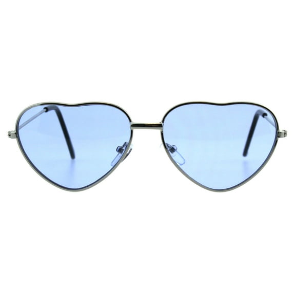 Girls Kids Size Metal Rim Heart Shape Valentine Sunglasses Silver Blue