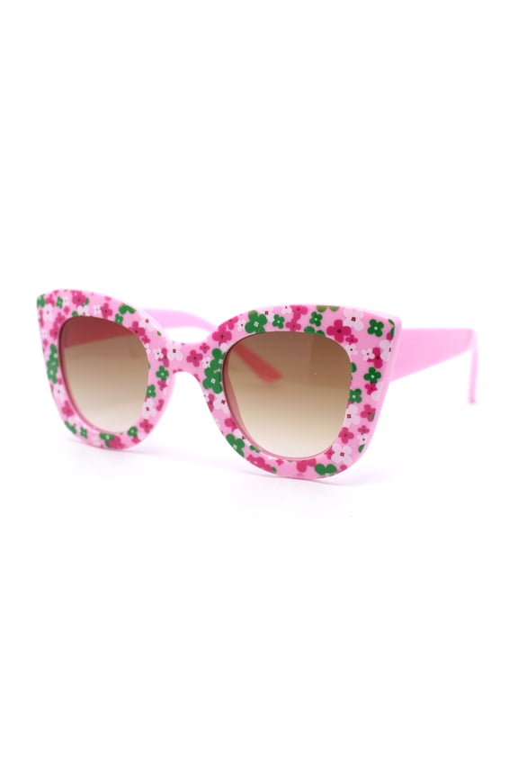 Girls Kids Size Oversize Cat Eye Retro Sunglasses Pink Flower Green - Brown