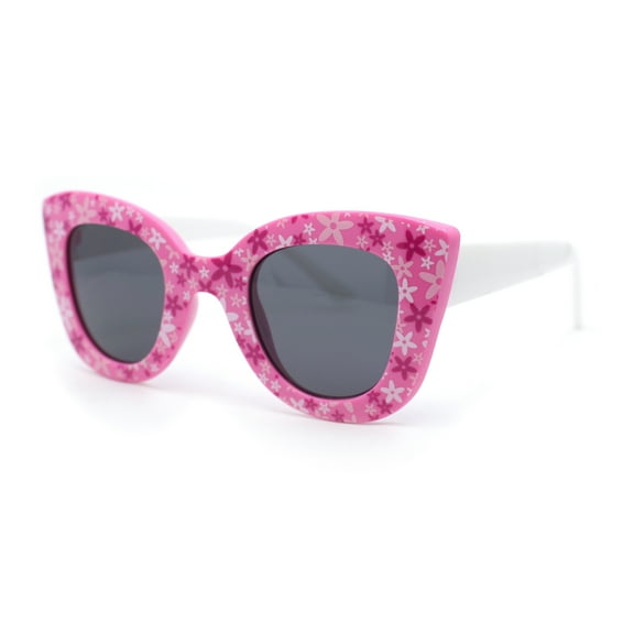 Girls Kids Size Oversize Cat Eye Retro Sunglasses Pink White Flower - Black
