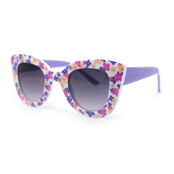 Girls Kids Size Oversize Cat Eye Retro Sunglasses White Purple Flower - Smoke