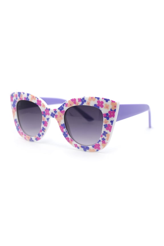 Girls Kids Size Oversize Cat Eye Retro Sunglasses White Purple Flower - Smoke
