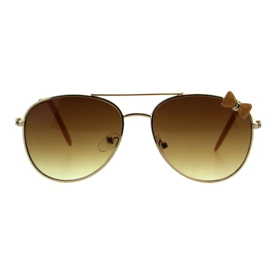 Girls Kids Size Ribbon Jewel Trim Pilots Metal Rim Sunglasses Gold Beige Brown