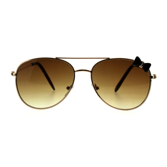 Girls Kids Size Ribbon Jewel Trim Pilots Metal Rim Sunglasses Gold Black Brown
