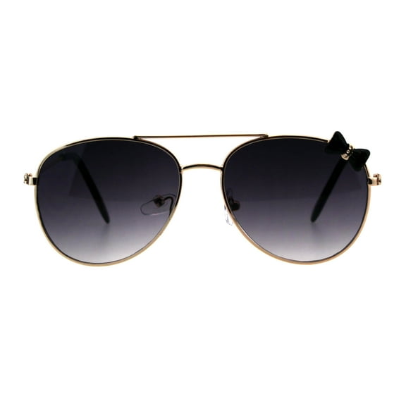 Girls Kids Size Ribbon Jewel Trim Pilots Metal Rim Sunglasses Gold Black Smoke