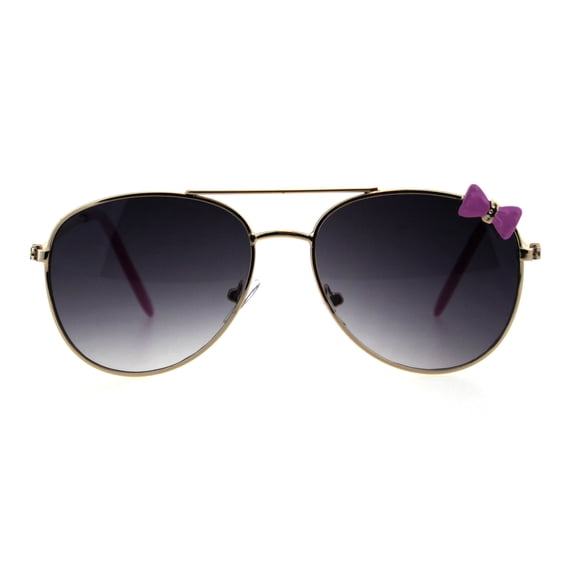 Girls Kids Size Ribbon Jewel Trim Pilots Metal Rim Sunglasses Gold Pink Smoke