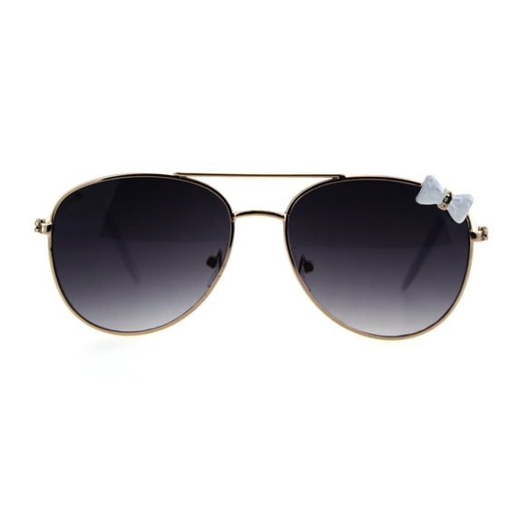 Girls Kids Size Ribbon Jewel Trim Pilots Metal Rim Sunglasses Gold White Smoke