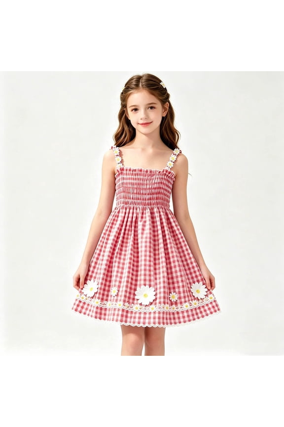 Girls Kids Smocked Sundress Cotton Gingham A-Line with Lace Trim for Summer Casual Party Red,Size 7-8T