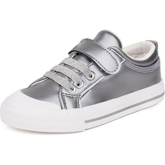 Girls Kids Sneakers Canvas Shoes Boys Silver Toddler Child Sparkle Low Top Lace Up Non Slip Rubber Sole Lightweight Breathable Walking Outdoor