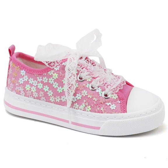 Girls Kids Sneakers Canvas Shoes Star Toddler Child Sparkle Low Top Lace Up Non Slip Rubber Sole Lightweight Breathable Walking Outdoor