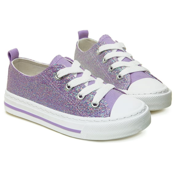 Girls Kids Sneakers Glitter Sequins Canvas Shoes Toddler Child Sparkle Low Top Lace Up Non Slip Rubber Sole Lightweight Breathable Walking Outdoor Purple Size 3