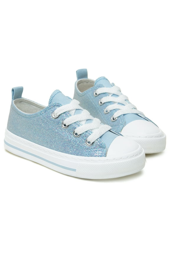 Girls Kids Sneakers Glitter Sequins Canvas Shoes Toddler Child Sparkle Low Top Lace Up Non Slip Rubber Sole Lightweight Breathable Walking Outdoor Blue Size 10