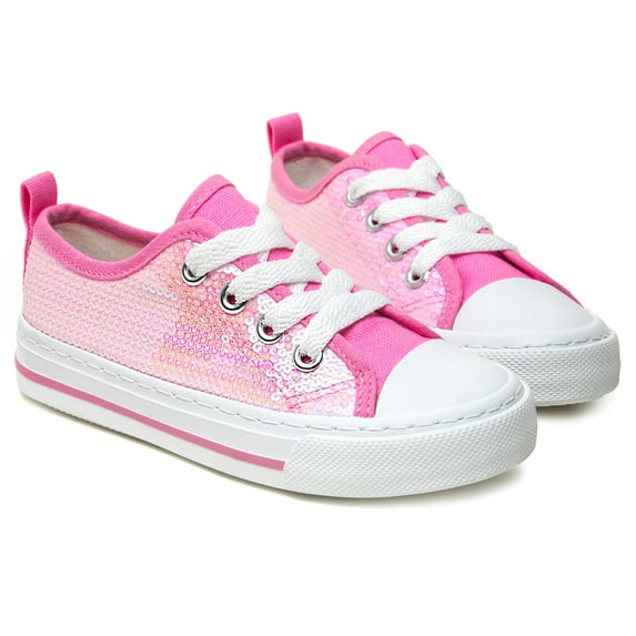 Girls Kids Sneakers Glitter Sequins Canvas Shoes Toddler Child Sparkle Low Top Lace Up Non Slip Rubber Sole Lightweight Breathable Walking Outdoor Pink Size 3