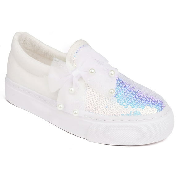 Girls Kids Sneakers Loafer Shoes Toddler Slip On Sequins Glimmer Glitter Sparkle Low Top Non Slip Rubber Sole Lightweight Breathable Fashion Casual Bowknot White Size 9