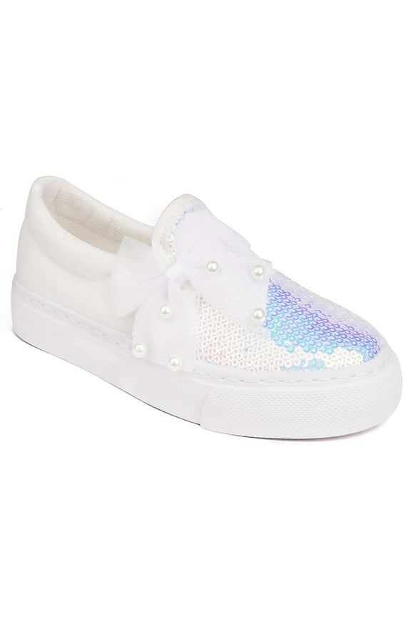 Girls Kids Sneakers Loafer Shoes Toddler Slip On Sequins Glimmer Glitter Sparkle Low Top Non Slip Rubber Sole Lightweight Breathable Fashion Casual Bowknot White Size 9