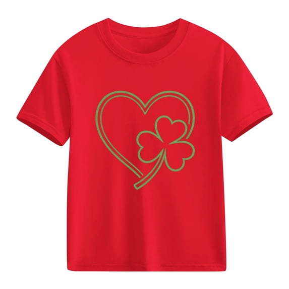 Girls Kids St Patrick's Day T-Shirt Red Shamrock Heart Short Sleeve Tee Cotton Good Fortune Holiday Top Soft Kids Graphic Shirt,Size 4 T