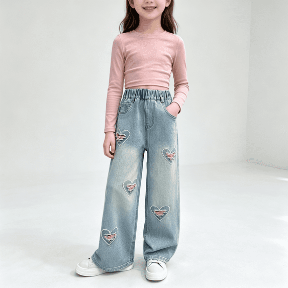 NEBWOAK Girls Heart Embroidered Jeans, Cute Applique Denim Pants, Size 9-10 Years