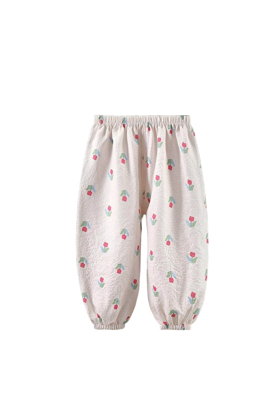 Girls & Kids Summer Pants Elastic Waist Lightweight Loose Fit Sun & Bug Protection Play Pants Pink Cherry Print 6M-8Y,Size 2-3 T