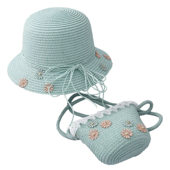 Little Girl Kids Breathable Summer Straw HatUV Protection Wide Brim Floppy Beach Sun Visor Hats - green